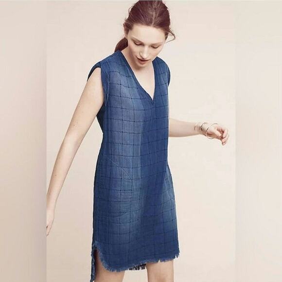 Cloth & Stone Quilted Chambray Blue Midi Dress Boho Chic Raw Hem Relaxed Fit XS - Picture 1 of 16